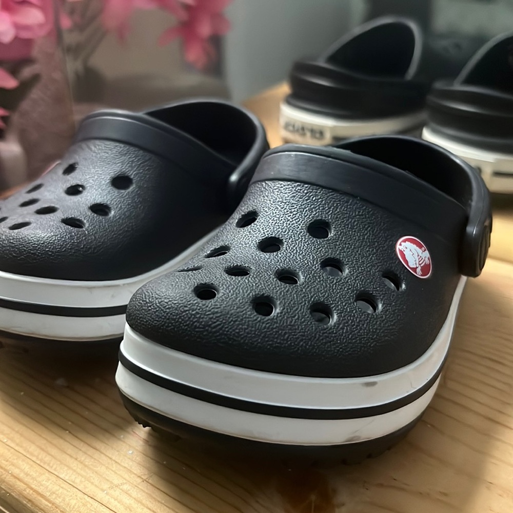 Black and white crocs. Toddle size.